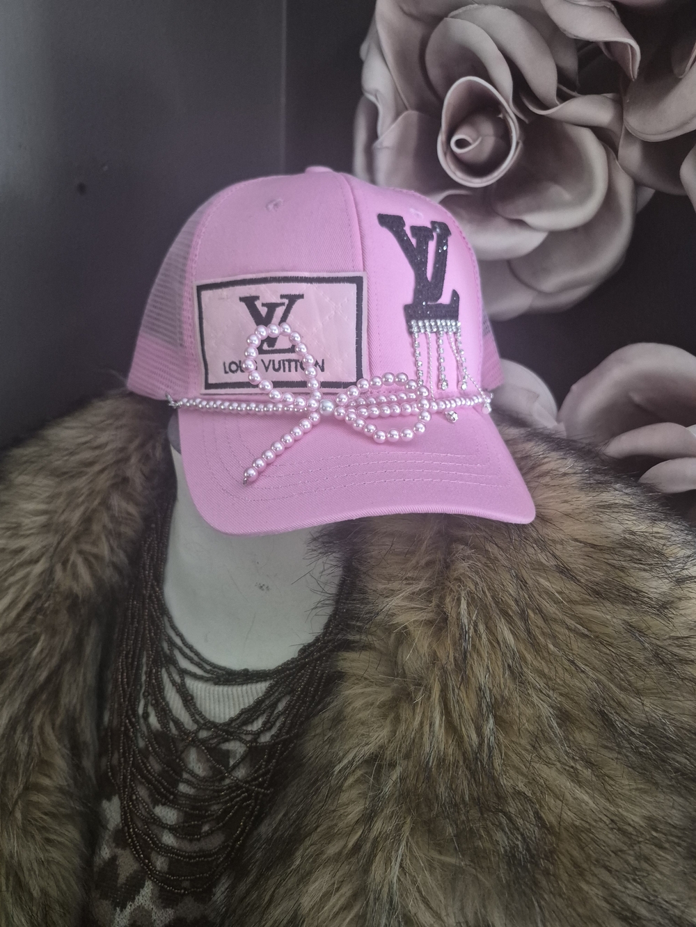Designer Inspired Pink Embellished Mesh Baseball Cap